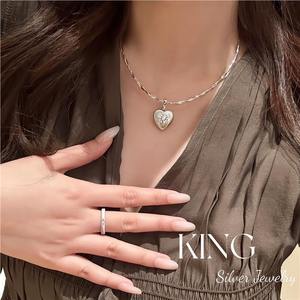 King <b>Silver</b> Jewelry Heart <b>Choker</b> Necklace Sterling <b>Silver</b> Brushed Engraved Pendant Women's Fashion Gift - Product Image 5