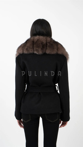 Cappotto <span class=keywords><strong>trench</strong></span> in cashmere da donna con collo in pelliccia di zibellino e volpe, lunghezza corta, colore zibellino - Autunno/Primavera/Inverno - Product Image 4
