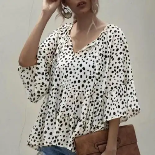 Blusa holgada de algodón con manga larga para verano, camisa con estampado de lunares para mujer, color blanco