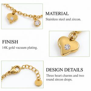 Bracelet en forme de cœur et de zircon, acier inoxydable, plaqué or 14 carats, options de couleur or et argent - Product Image 3