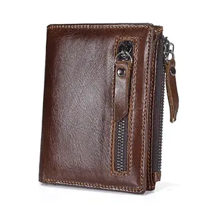 Vegan Dark brown slim leather wallet zipper PU coin wallet men fold wallet with cash section