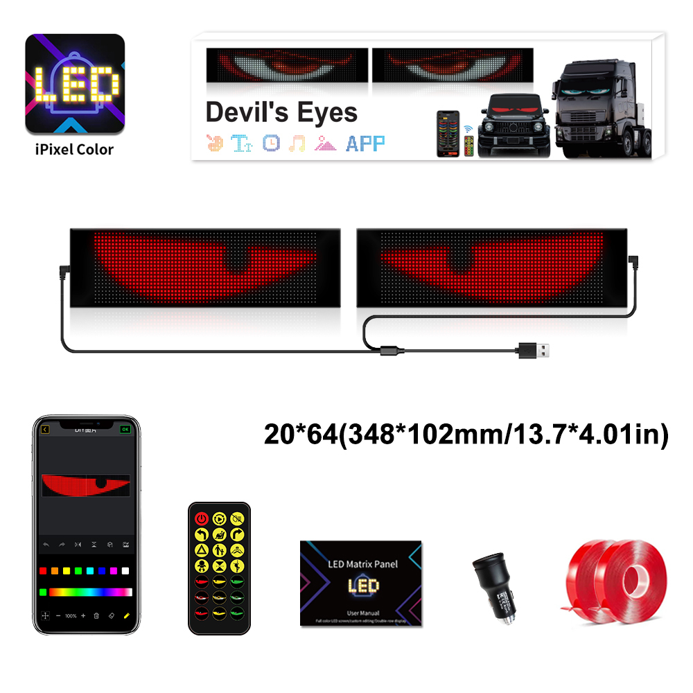 New LED 20*64 Devil's Eye Car Sign Animation Programmable Scrolling Matrix Pixel Panel Light 12V 2-Year Warranty Cars Trucks