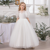 Gaun Malam Panjang untuk Anak Perempuan - Gaun Ruffle Lengan Mengembang Tulle dengan Ikat Pita untuk Pertunjukan Piano & Pernikahan Gaya Putri Bahan Poliester/Katun