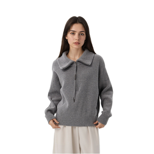 Suéter de punto de lana de estilo <span class=keywords><strong>italiano</strong></span> para mujer 100% jerséis de punto de cuello extendido con cremallera frontal de lana pura OEM ODM/venta al por mayor - Product Image 1