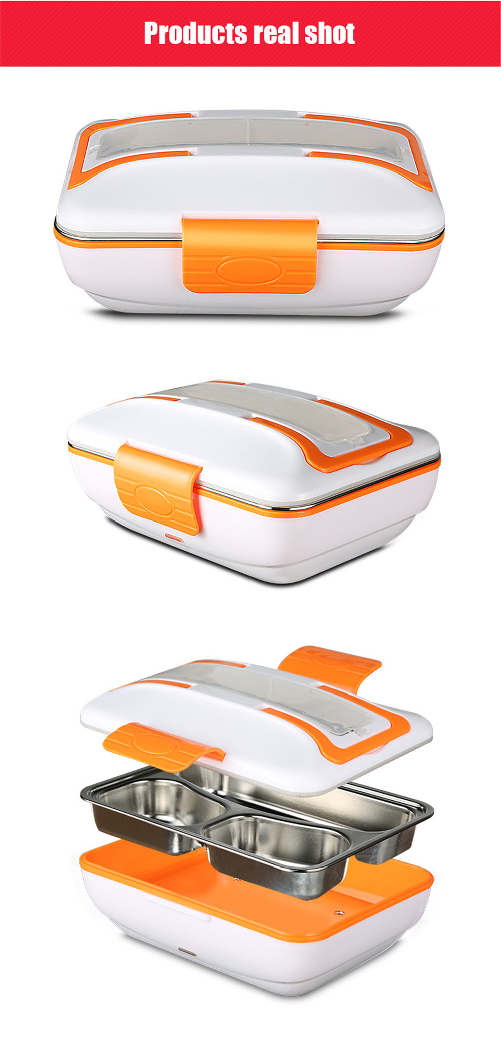 Electric Heating Lunch Box 1L With Spoon Fork Eu Plug Stainless Steel Bento Box 3 Compartments Food Container Lunchbox