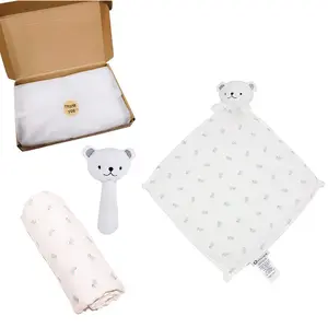 Bibison 3件套软棉毯拨浪鼓玩具围兜淋浴新生儿必需品分层礼品创意婴儿爱