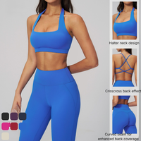 Set Yoga Wanita Empat Potong Bahan Solid, Bra Olahraga Pendek Halter Bernapas, Crop Top Punggung Silang, Legging Flare untuk Gym, Workout, dan Fitness