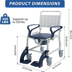 4-in-1 Rolling <strong>Shower</strong> <strong>Chair</strong> with Safety Locking Wheels &amp; Padded Seat <strong>for</strong> <strong>Elderly</strong> &amp; Disabled Seniors Bathroom Use Blue - Product Image 2