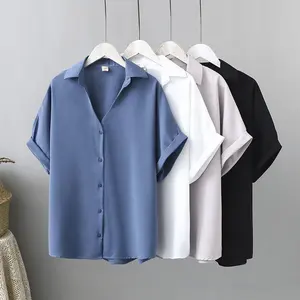 Zeagoo Seiden bluse für Frauen Kurzarm Satin Button Down Shirts Lässig Lose V-Ausschnitt Business Work Tunika Top