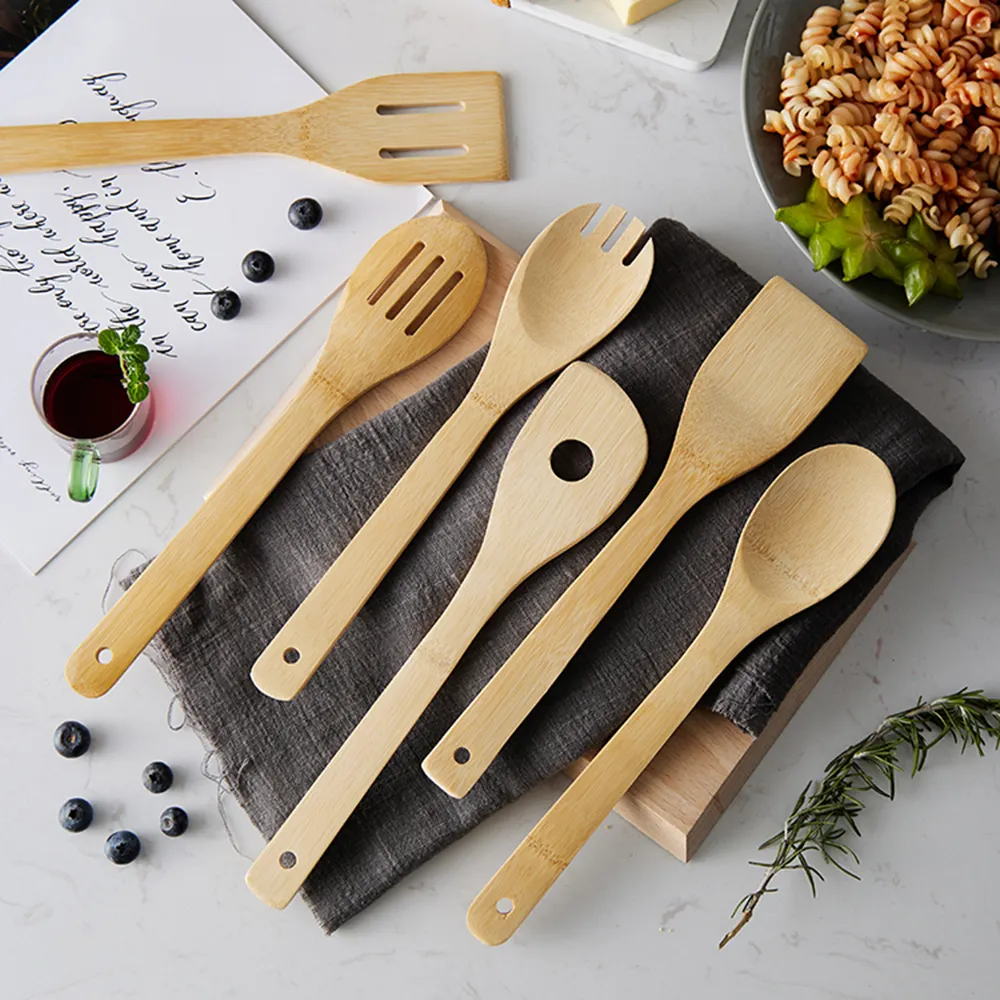 Utensilios de cocina con agujero para colgar, set de 6 piezas de bambú, tenedor, espátulas, cuchara, a buen precio