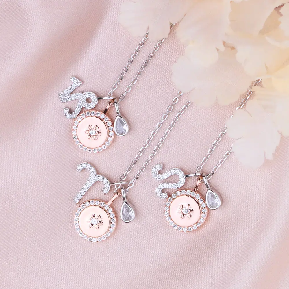 925 Sterling Silver 12 Zodiac Sign Pendant Necklace Lucky Rose Gold Plated CZ Bling Charm Necklace For Women