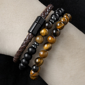 Hip Hop Punk boncuklu erkek bilezik yığılmış siyah akik kaplan gözü deri manyetik toka bilezik ile Set - Product Image 5