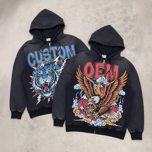 เสื้อฮู้ดดี้ผู้ชายสไตล์สตรีทแวร์ หนัก 400 GSM ทรงหลวม ไหล่ตก ซิปหน้า พิมพ์ลายดิจิตอล รับสกรีนโลโก้ OEM - Product Image 1