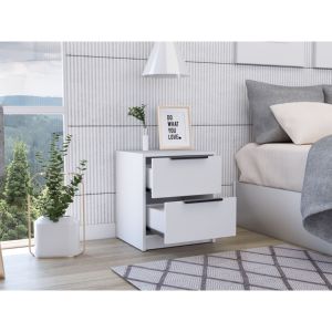 DB Modern <b>White</b> Finish Solid Wood Nightstand/Cabinet with Two <b>Drawers</b> and Metal Handle for <b>Bedroom</b> or Apartment Use - Product Image 3