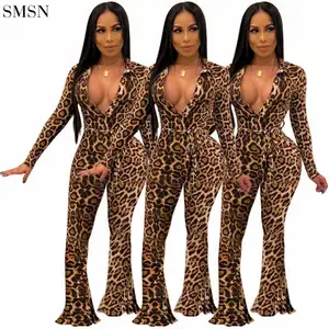 Женский комбинезон с леопардовым принтом, элегантный комбинезон с V-образным вырезом и широкими штанинами, хорошее качество