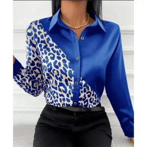 2024Women's long top button V-neck leopard print graphic contrast color shirt New top shirt