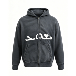 Custom OEM Heavyweight 100% Cotton Hoodie <b>Zip</b> up Oversized Raw Edge Patchwork Vintage Streetwear Unisex Full <b>Zip</b> <b>Hooded</b> Jacket - Product Image 3