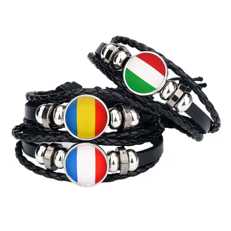 Bracelet coupe européenne DIY Éventails multicouches Bracelet en cuir tressé pour Équateur Angleterre Qatar Pays-Bas Arabie Saoudite