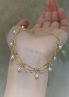 18K solide véritable or quotidien portant léger luxe Durable 3 couches perle perle dentelle Fine femmes collier à breloques AU750