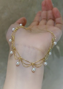 18K oro sólido real uso diario ligero lujo duradero 3 capas cuentas perla <span class=keywords><strong>encaje</strong></span> fino mujeres encanto collar AU750 - Product Image 5