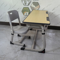 Set Meja dan Kursi Sekolah Ganda untuk Siswa, Tinggi Dapat Disesuaikan, 2 Tempat Duduk, Meja Kelas, Perabot Sekolah dengan Keranjang Penyimpanan Kawat