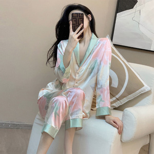 Womens Lụa Satin Bộ Đồ Ngủ Nút Xuống 2 Mảnh Pjs Dài Tay Áo Quá Khổ Ngủ Ve Áo Pyjama Nữ Homewear Loungewear - Product Image 3