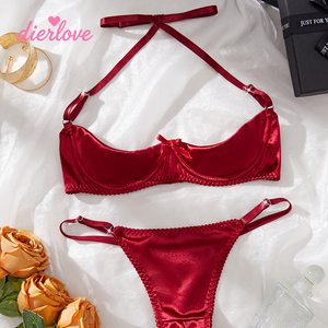 Ensemble de Lingerie Érotique en Soie Satinée pour Femme, Soutien-Gorge 1/4 Bonnet Non Doublé et Culotte, Col Halter avec Nœud Décoratif, Vente en Gros - Product Image 2