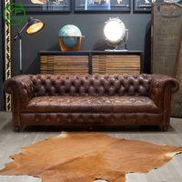 Vintage Chesterfield-Sofa aus echtem, hellfarbenem Vollnarbenleder, klassisches Retro-Sofa, 3-Sitzer-Sofa-Set