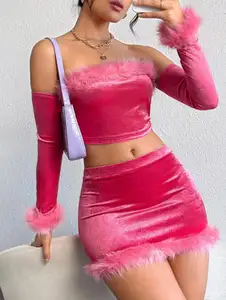 New Arrival High Quality Fuzzy Trim Crop Top Skirt Set Top Fashion Hot Pink Strapless Sexy Velvet 2 Piece Set For Women