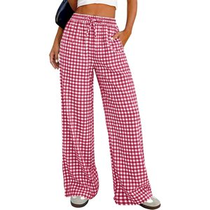 Gingham Pajama <b>Pants</b> Women Lightweight Cotton Wide Leg Palazzo <b>Plaid</b> Trousers Summer Casual Breathable <b>PJ</b> Bottoms - Product Image 1