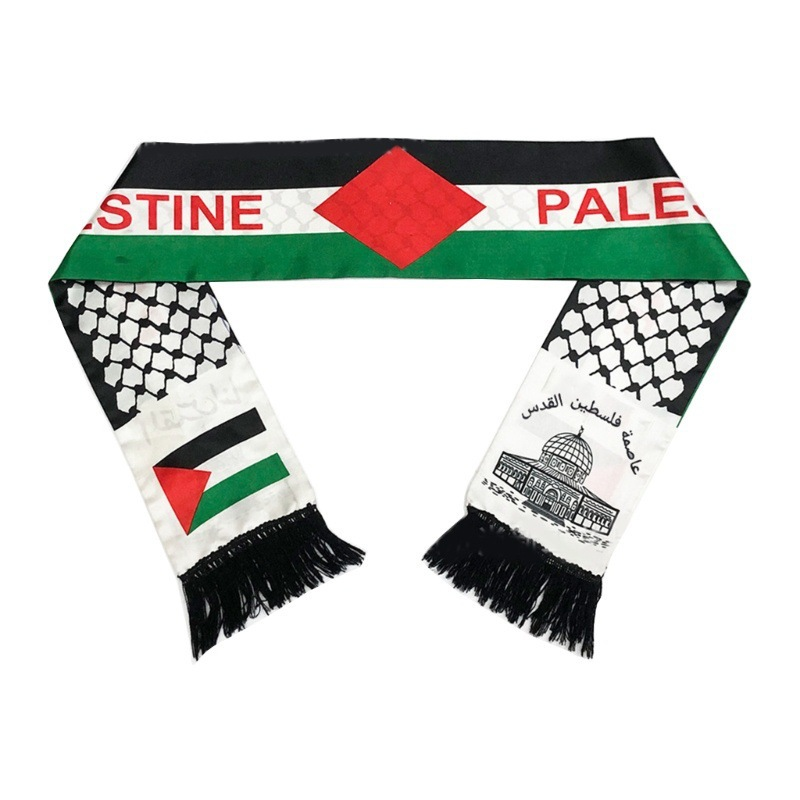 2026 Bufanda con patrón Keffiyeh en colores de la bandera de Palestina Detalle de flecos con estampado de mezquita de Al Aqsa
