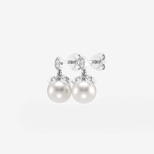 Pendientes de Aro con Perlas Cultivadas de Agua Dulce de 7.5 - 8.0 mm y Diamantes Cultivados en Laboratorio de 1.8 ct, Diseño de Flor, Joyería Elegante y Moderna - Product Image 5