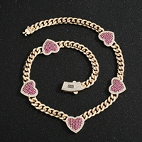 Collar de Cadena Cubana Gruesa con Colgante de Corazón de Circonita Cúbica Rosa para Mujer, Chapado en Oro de 14K, Ideal para Regalo