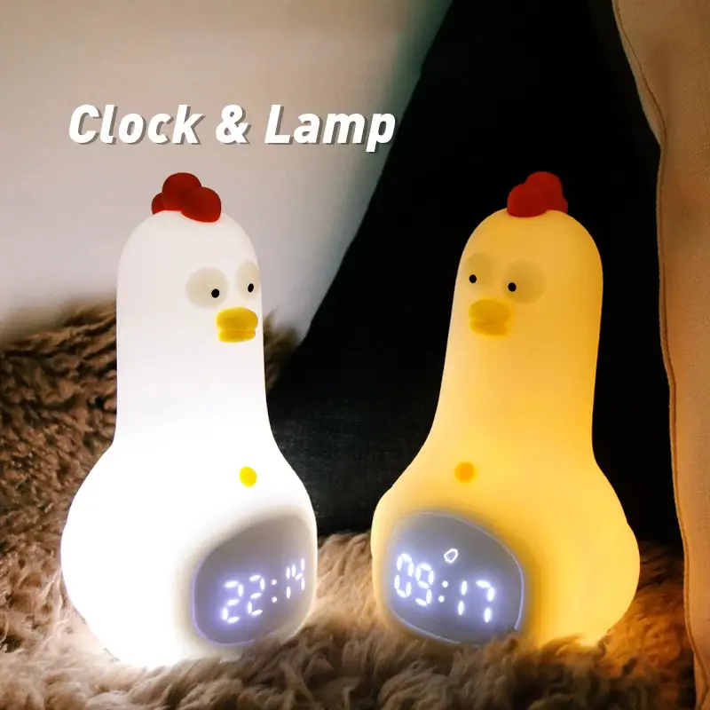 Cute Child Kids Alarm Silicone Chicken LED Night Light Table Lamp Digital Sleep Clock Rechargeable Children Gift Home Decor