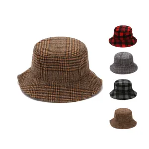 Cappelli a tesa larga a quadri in cotone bianco regolabili di alta qualità con Logo ricamato 3D personalizzato cappelli a secchiello in tessuto di lana scozzese
