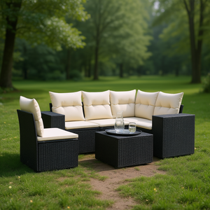 Conjunto de Sofá Modular de Ratán Negro para Jardín, Muebles de Patio con Cojines Color Crema, Asientos para 7 Personas, Diseño Moderno - Product Image 2