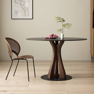 Tavolo da Pranzo Artistico Rotondo in Pietra Sinterizzata con Base Curva in Legno di Noce, Arredamento Moderno per Cucina - Product Image 1