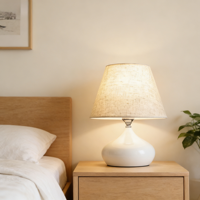 Lampe de chevet LED moderne avec support en céramique E27, abat-jour en tissu décoratif, blanc chaud à intensité variable pour chambre à coucher et salon