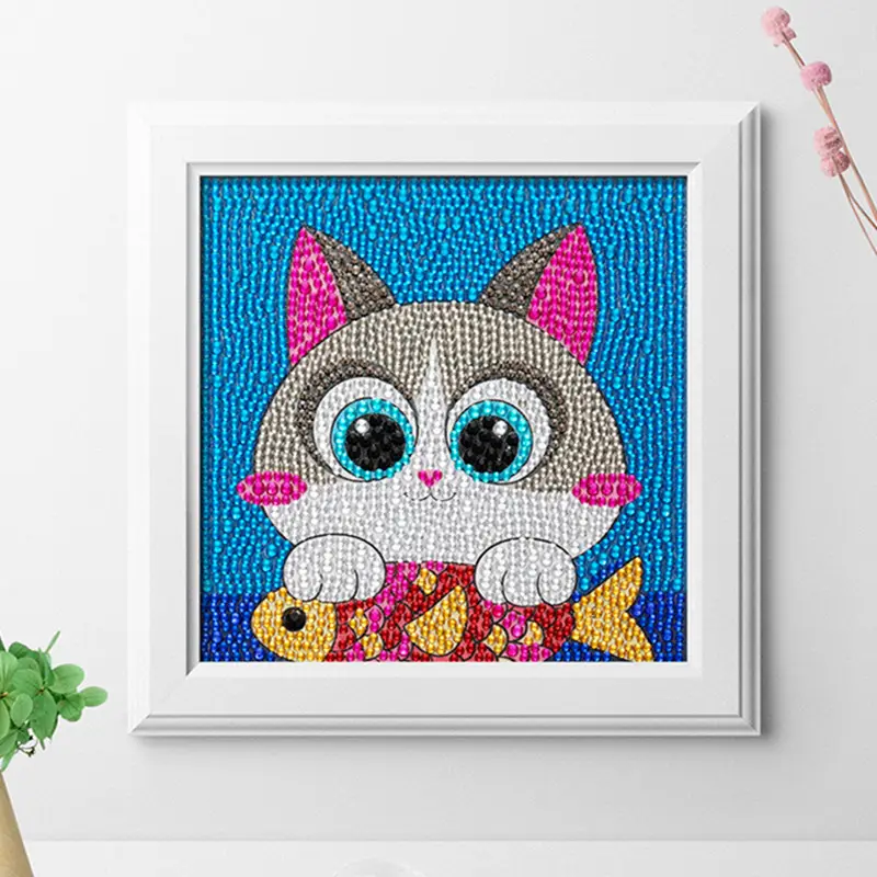 Dibujos animados DIY niños diamante pintura Kits dibujos animados gato pez Animal decoración del hogar diamante pintura niños DIY pintura con marco