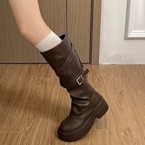 Botas Largas de Tacón Grueso Estilo Vintage para <span class=keywords><strong>Mujer</strong></span>, Botines de Diseñador hasta la Rodilla, Zapatos de Otoño e Invierno para <span class=keywords><strong>Mujer</strong></span> - Product Image 5
