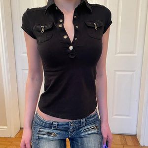 Top Corto Estilo Polo con Botones a Presión, Chaqueta Biker, Camiseta Corta con Bolsillos, Ropa Urbana - Product Image 5