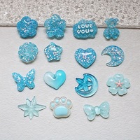 Breloque plate décorative en résine transparente à paillettes bleues, motifs mignons (fleur, ours, cœur, papillon), pour DIY, accessoire pour chaussures et étuis