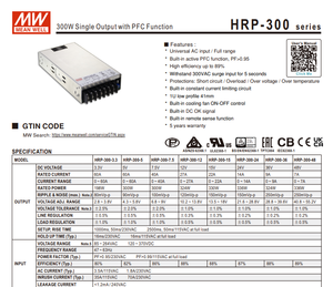 MEAN WELL HRP-300-24 300W 24V 14A 90‑264Vac ฟังก์ชั่น PFC แหล่งจ่ายไฟแบบสวิตชิ่งอุตสาหกรรม ประสิทธิภาพสูง 89% - Product Image 2