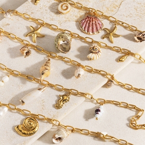 Collar de cadena de eslabones DIY a la moda, collar con colgante de estrella de mar de concha de playa de verano para mujer de acero inoxidable impermeable chapado en oro de 18 quilates - Product Image 2