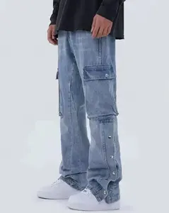 Logo personnalisé hip hop pantalon à jambes larges hommes bouton vers le haut délavé vintage denim jean pantalon de jogging cargo multi-poches