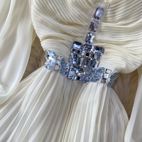 Robe longue élégante WIWT à col en V, manches bouffantes, décorations en strass, plissée, coupe trapèze, pour femme, soirée, tenue décontractée, soirée