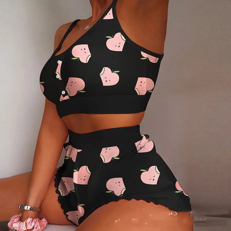 King Mcgreen Star Fashion Sexy Home Ladies Two Piece Print Pajamas Women Sleeveless Cami Short Lingerie Sleepwear Set