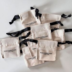 High Quality Beige Color Cotton <b>Drawstring</b> Bag Mini Cotton Dust <b>Pouch</b> With Black Ribbons - Product Image 4