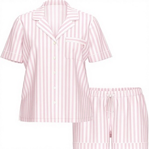Conjunto de Pijama Modal a Rayas de Manga Corta con Cierre de Cordón, Camiseta y Pantalones Cortos para Mujer (XS-XXL), Conjunto de Ropa para Estar en Casa - Product Image 1