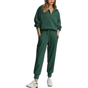 Conjunto de 2 piezas de chándal de verano liso para mujer: Sudadera de manga larga con media cremallera y pantalones de chándal - Product Image 6